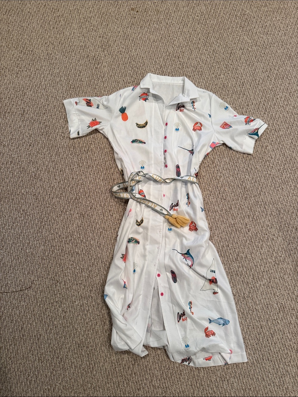 White Short-Sleeve Shirt Dress with Colorful Summer Motifs